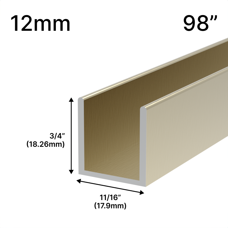 Profilé en U pour douche, verre 12 mm, 98 po — Laiton satiné