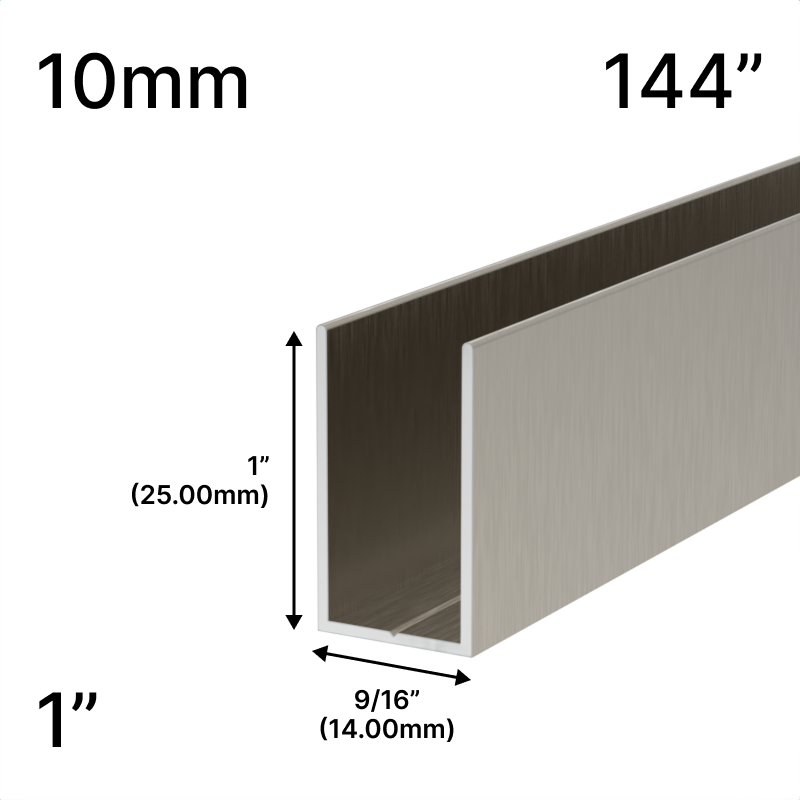 Profilé en U haut pour douche, verre 10 mm, 144 po (hauteur 1 po) — Nickel brossé