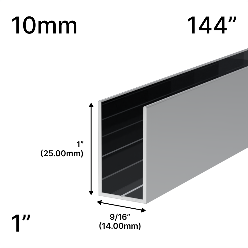 Profilé en U haut pour douche, verre 10 mm, 144 po (hauteur 1 po) — Chrome