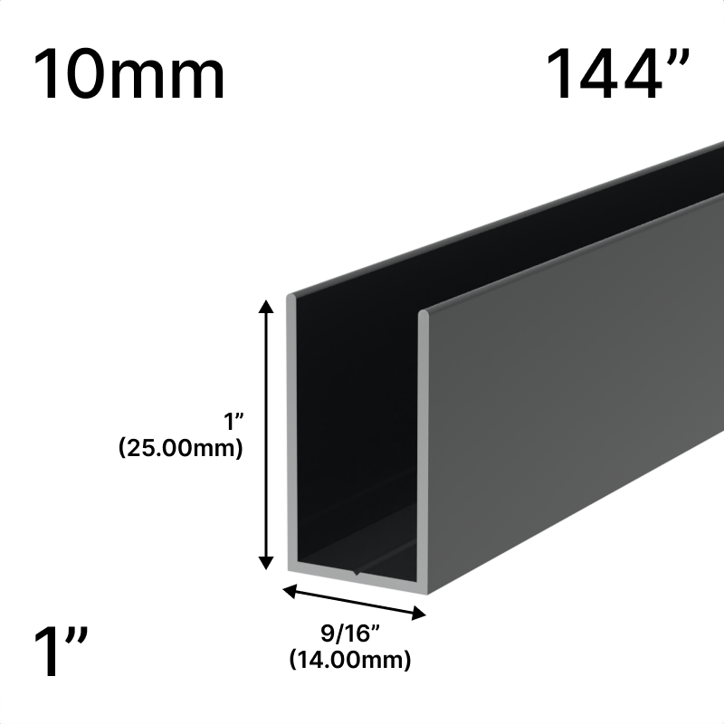 Profilé en U haut pour douche, verre 10 mm, 144 po (hauteur 1 po) — Gris anthracite
