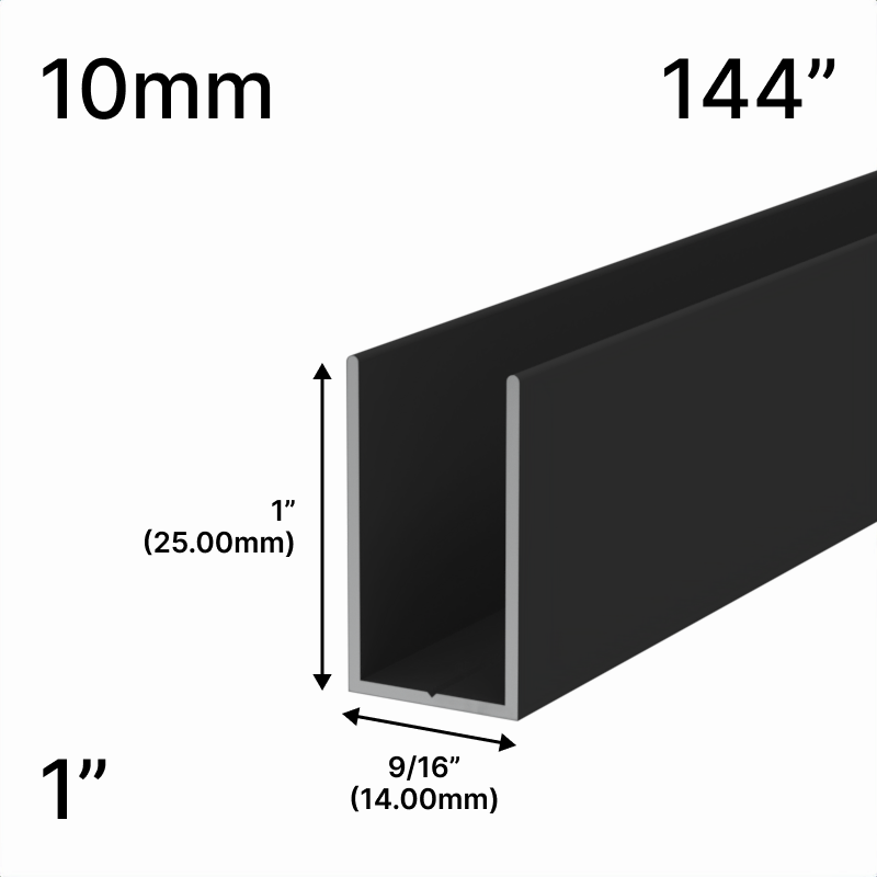 Profilé en U haut pour douche, verre 10 mm, 144 po (hauteur 1 po) — Noir mat