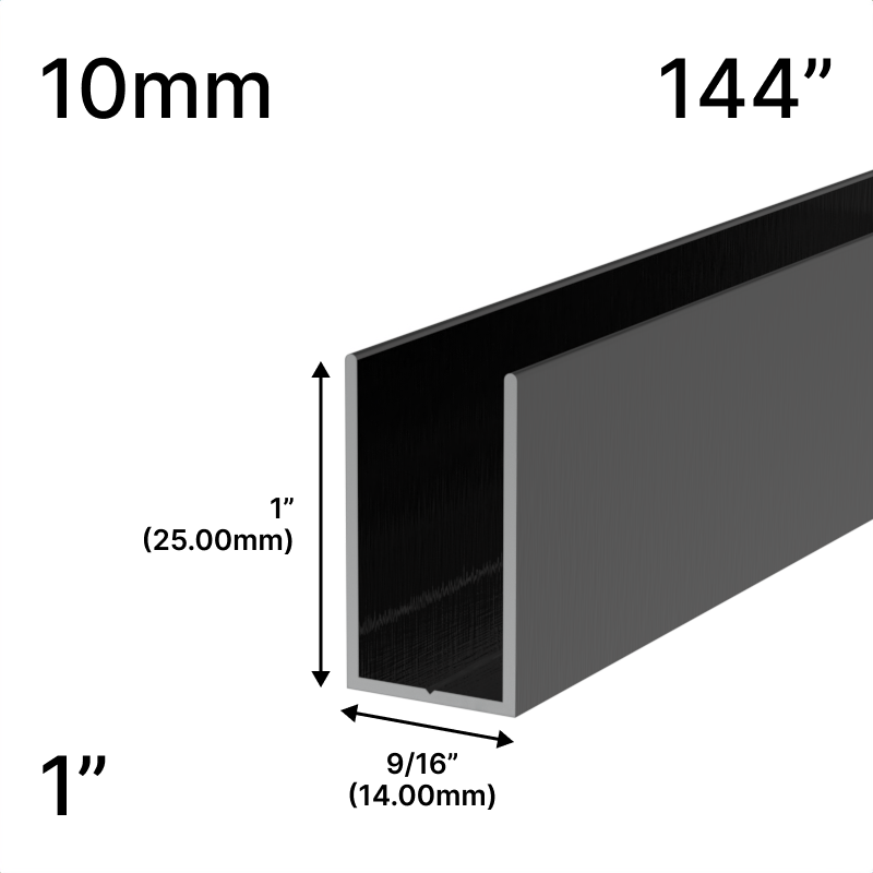 Profilé en U haut pour douche, verre 10 mm, 144 po (hauteur 1 po) — Bronze huilé