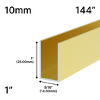 Profilé en U haut pour douche, verre 10 mm, 144 po (hauteur 1 po) — Laiton satiné